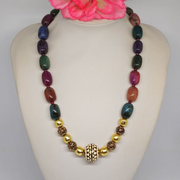 Enamel Cloisonne Crackle Agate Beaded Statement Necklace Gold Green Red Purple - Picture 12 of 14